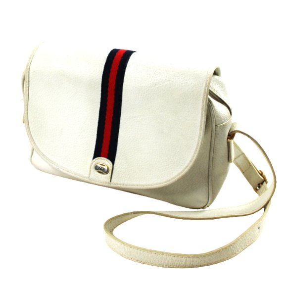 Vintage Blondie GG Style Center Striped Ribbon White Leather Style Shoulder Bag - Picture 3 of 11
